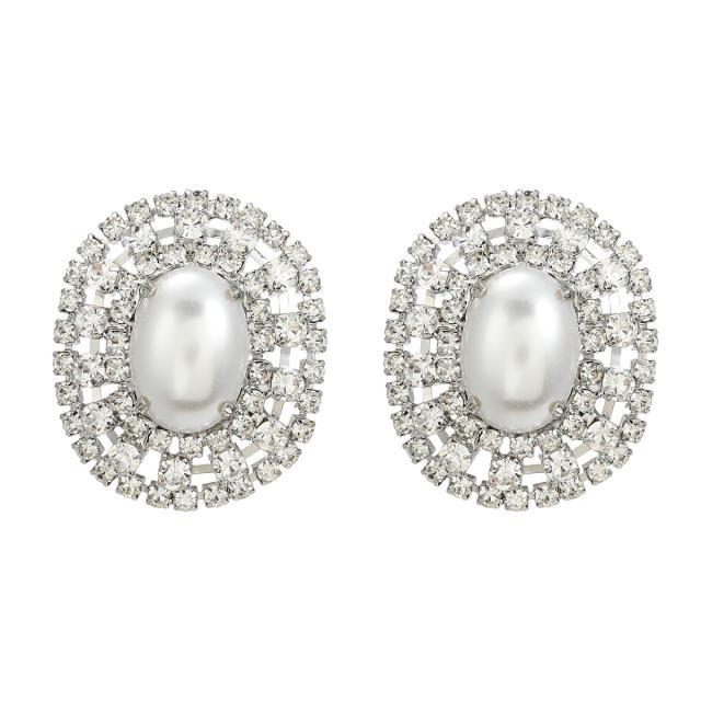 Delicate diamond pearl oval shape party proom studs earrings