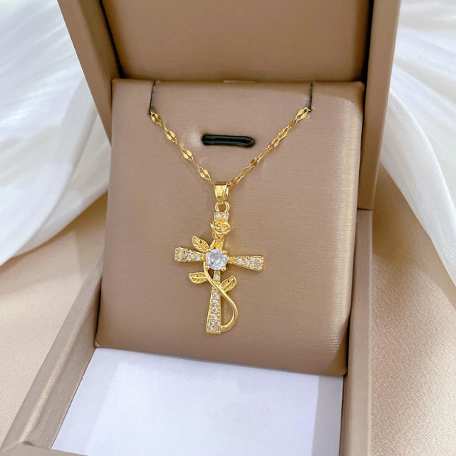 Delicate rose flower diamond cross pendant stainless steel chain necklace