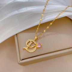 Delicate diamond initial letter D pendant stainless steel chain necklace