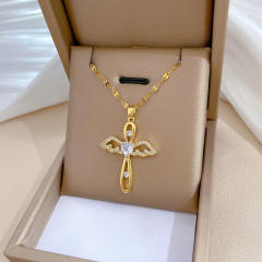 Delicate hollow out angel cross pendant stainless steel chain necklace