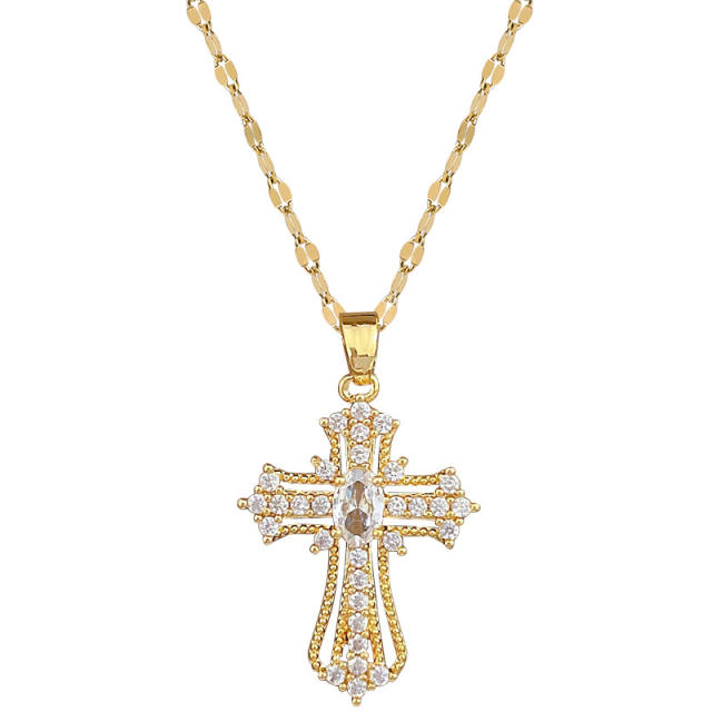 Delicate diamond cross pendant stainless steel chain necklace