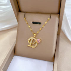 Delicate diamond initial letter D pendant stainless steel chain necklace