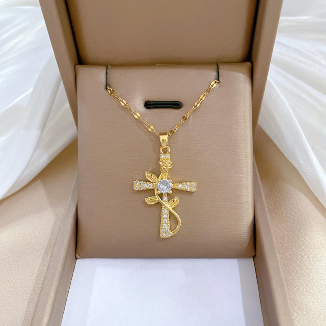 Delicate rose flower diamond cross pendant stainless steel chain necklace