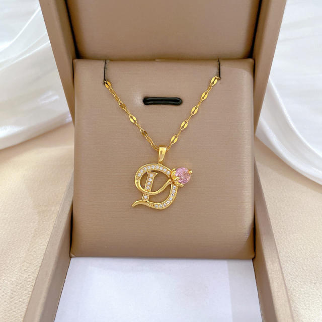 Delicate diamond initial letter D pendant stainless steel chain necklace