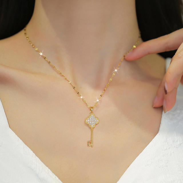 Dainty diamond clove key pendant stainless steel chain necklace