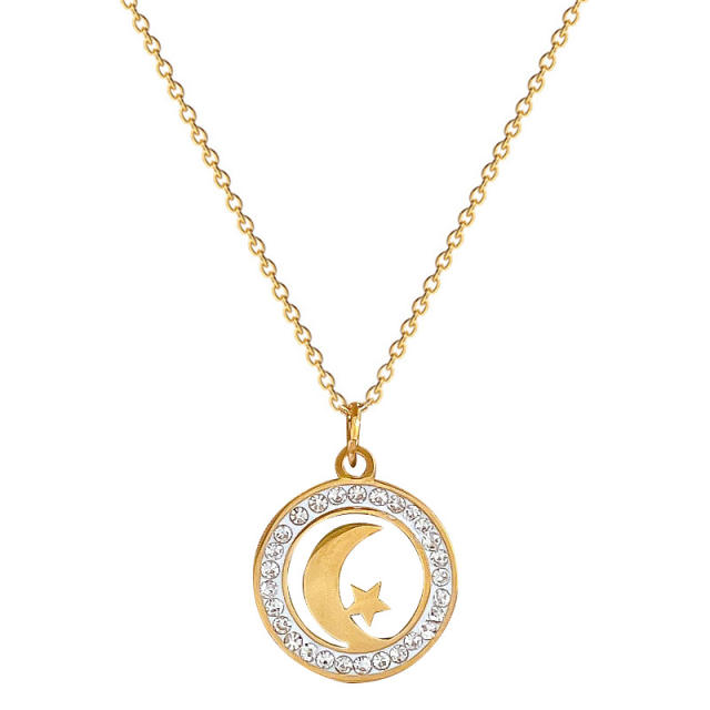 Dainty diamond moon star round pendant stainless steel chain necklace