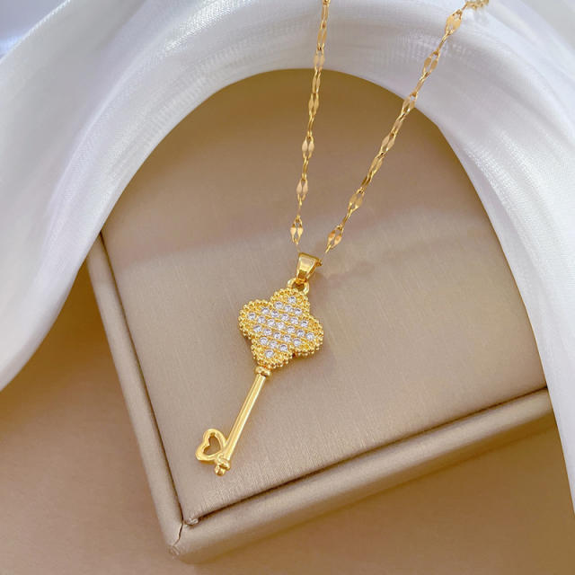Dainty diamond clove key pendant stainless steel chain necklace