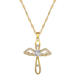 Delicate hollow out angel cross pendant stainless steel chain necklace