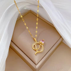 Delicate diamond initial letter D pendant stainless steel chain necklace
