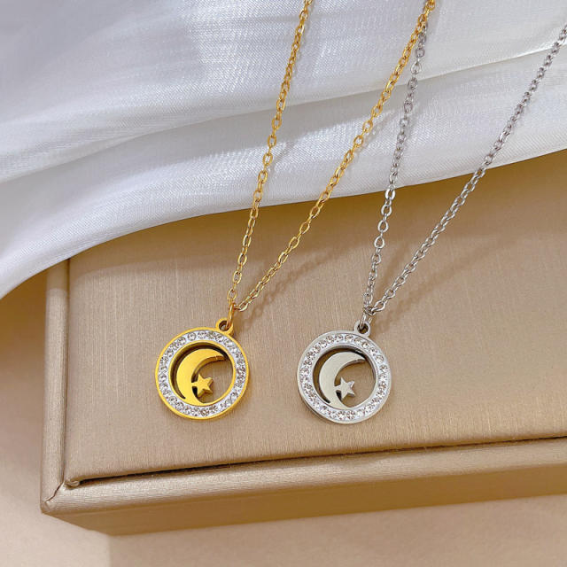 Dainty diamond moon star round pendant stainless steel chain necklace