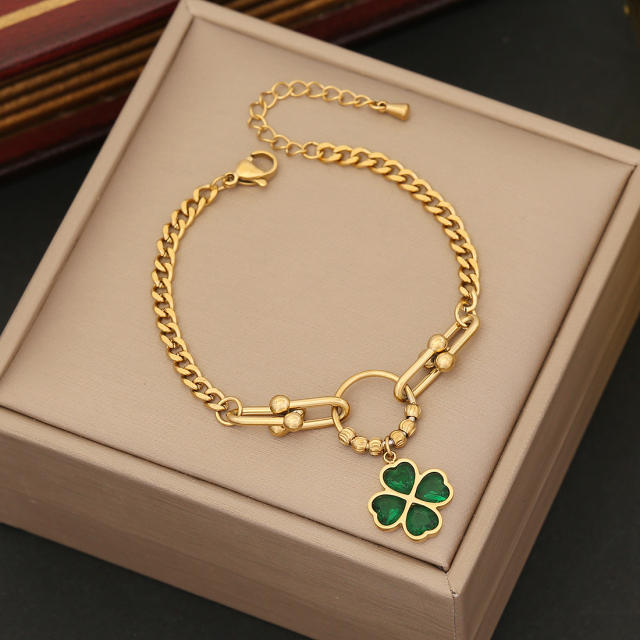 Personality clover evil eye charm stainless steel chain bracelet