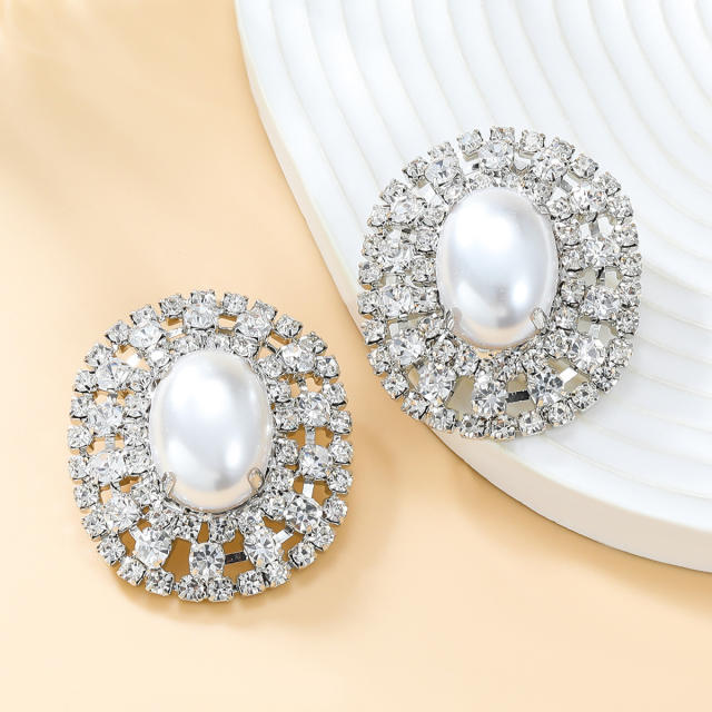 Delicate diamond pearl oval shape party proom studs earrings