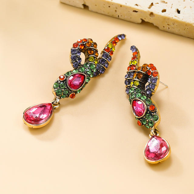 Vintage snake design color rhinestone drop earrings