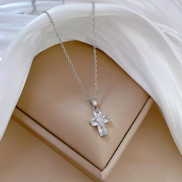 Silver color diamond cross pendant dainty stainless steel necklace