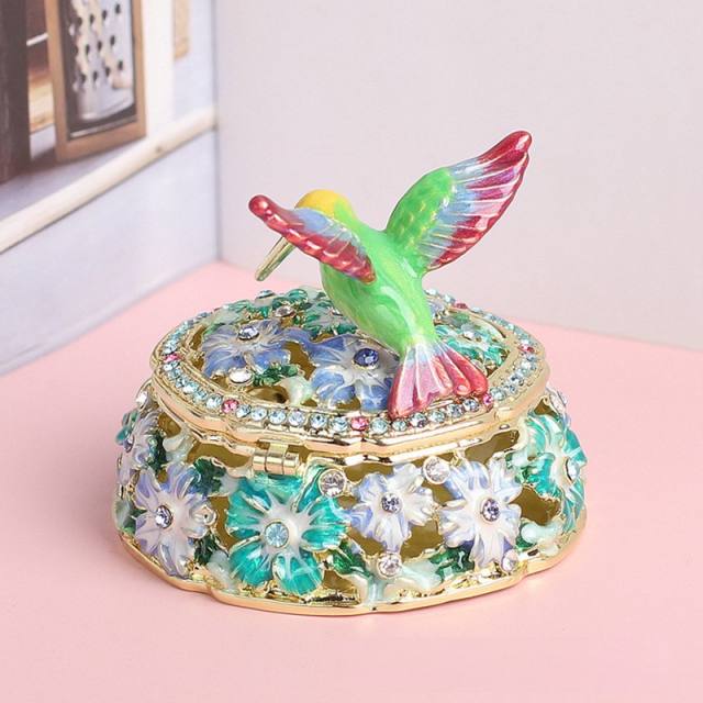 Handmade enamel rhinestone setting hummingbird jewelry box trinket box