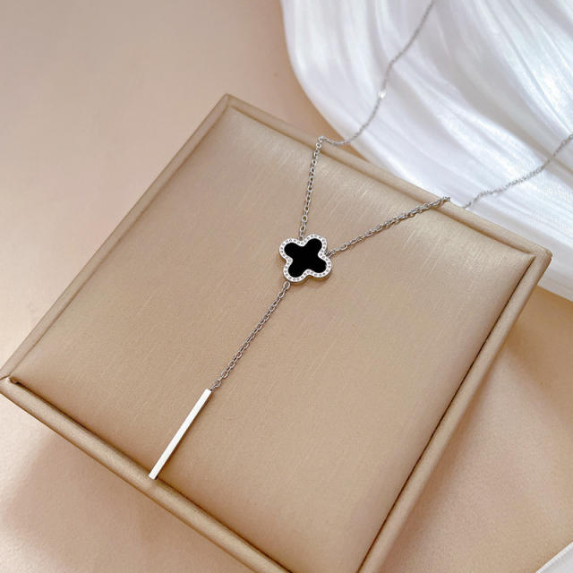 Delicate black clover Y shape stainless steel dainty necklace