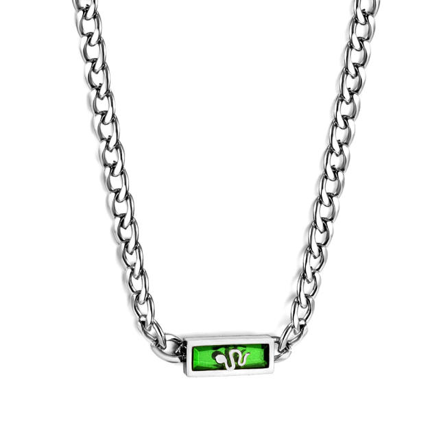 Delicate green color cubic zircon bar pendant stainless steel necklace