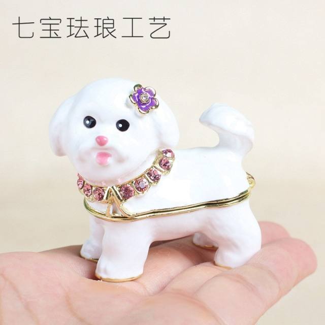 Cute white enamel cute dog metal jewelry box trinket box