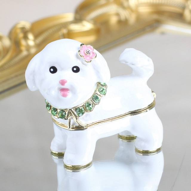 Cute white enamel cute dog metal jewelry box trinket box