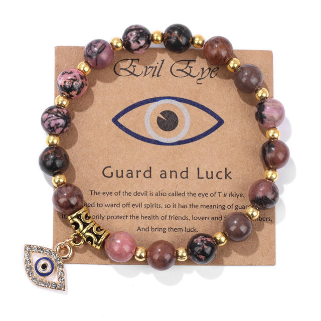 Hot sale natural stone bead evil eye charm elastic bracelet with cards