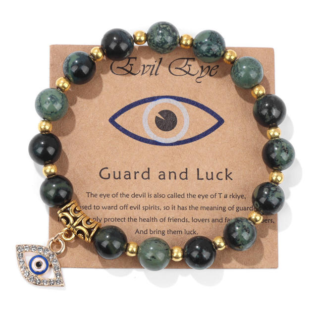 Hot sale natural stone bead evil eye charm elastic bracelet with cards