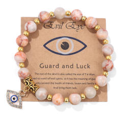 Hot sale natural stone bead evil eye charm elastic bracelet with cards