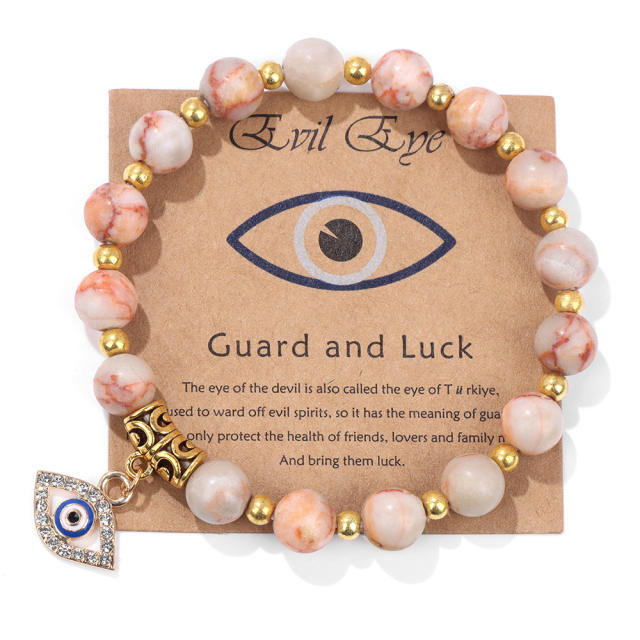 Hot sale natural stone bead evil eye charm elastic bracelet with cards