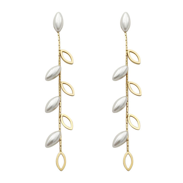 14KG pearl bead hollow out olive branch stainless steel dangle earrings