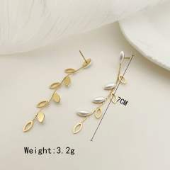 14KG pearl bead hollow out olive branch stainless steel dangle earrings