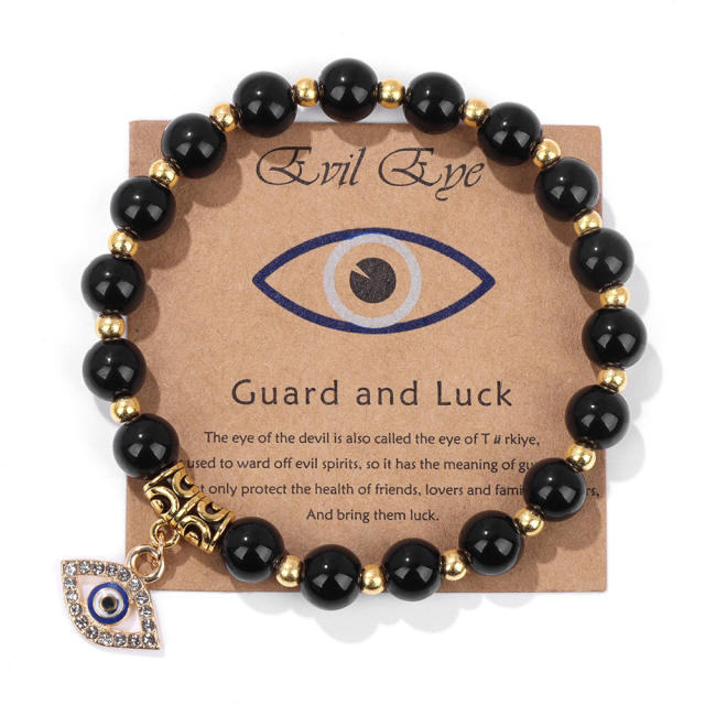 Hot sale natural stone bead evil eye charm elastic bracelet with cards