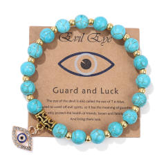 Hot sale natural stone bead evil eye charm elastic bracelet with cards