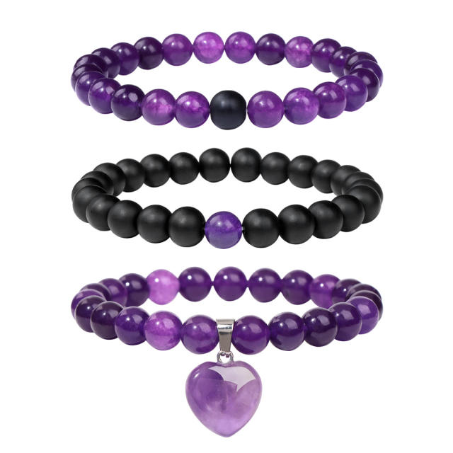 3pcs amethyst crystal bead bracelet set