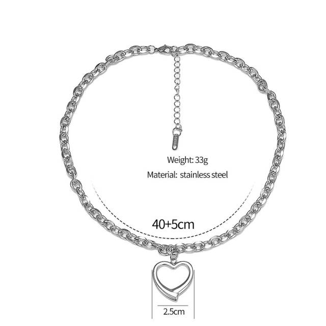 Silver color hollow heart pendant chunky chain stainless steel necklace