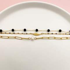 Water pearl bead black crystal bead angel wing stainless steel three layer bracelet