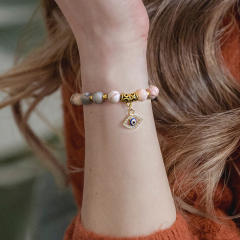 Hot sale natural stone bead evil eye charm elastic bracelet with cards