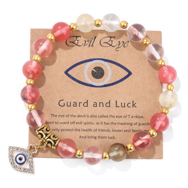 Hot sale natural stone bead evil eye charm elastic bracelet with cards