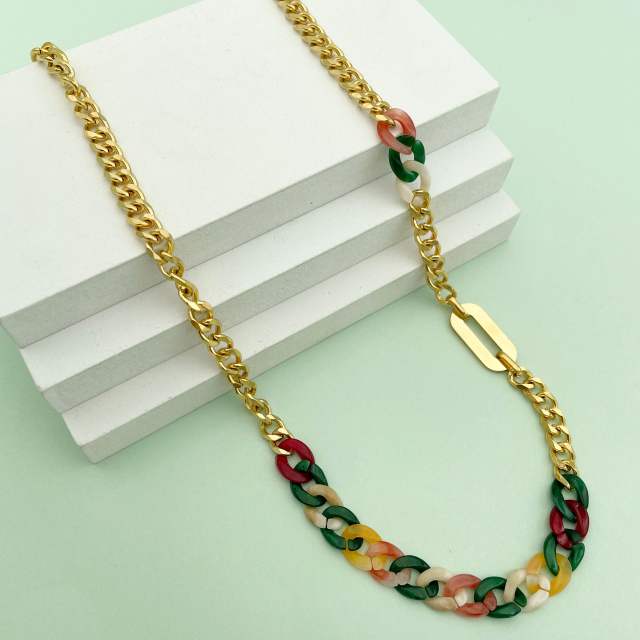 Elegant boho colorful acrylic chain stainless steel chain necklace