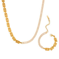 Delicate colorful rhinestone stainless steel chain Asymmetrical necklace bracelet set