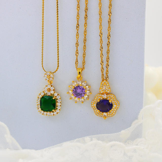 Korean fashion dainty colorful cubic zircon pendant stainless steel necklace