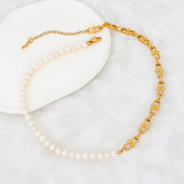 Baroque pearl stainless steel chain Asymmetrical necklace