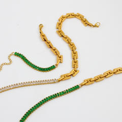 Delicate colorful rhinestone stainless steel chain Asymmetrical necklace bracelet set