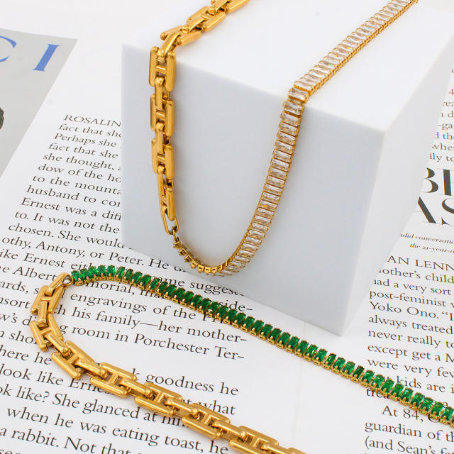 Delicate colorful rhinestone stainless steel chain Asymmetrical necklace bracelet set