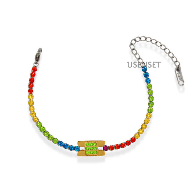 Delicate rainbow cubic zircon stainless steel tennis chain bracelet