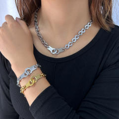 Punk trend stainless steel chain handcuffs clasp necklace bracelet set