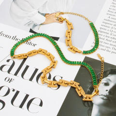Delicate colorful rhinestone stainless steel chain Asymmetrical necklace bracelet set