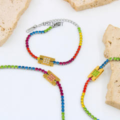 Delicate rainbow cubic zircon stainless steel tennis chain bracelet