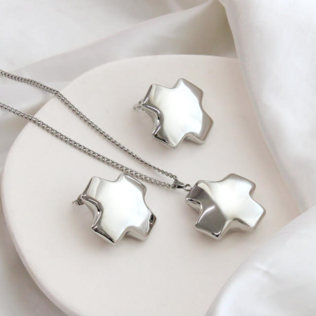 Chunky smooth bold cross stainless steel earrings necklace set