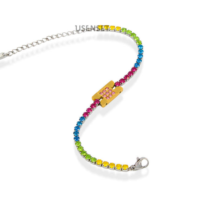 Delicate rainbow cubic zircon stainless steel tennis chain bracelet