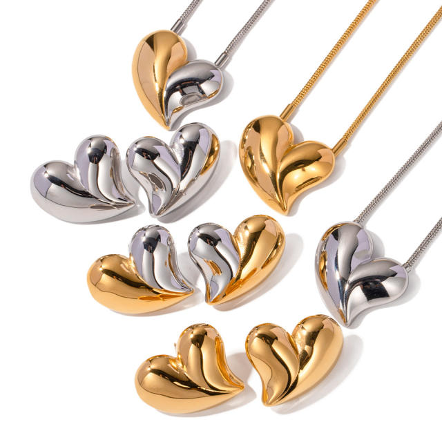 Chunky heart two tone stainless steel earrings necklace set