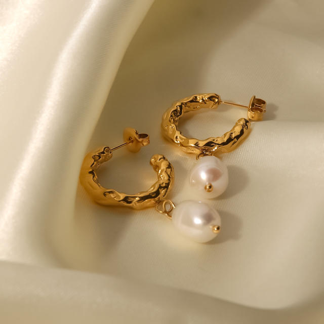 18KG water pearl drop stainless steel open hoop earrings